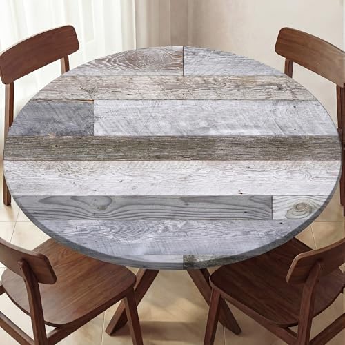Farmhouse Round Fitted Table Cover with Elastic Waterproof Vinyl Wood Texture Outdoor Indoor Tablecloth Washable Wipeable Table Cloth for Picnic Camping (Brown, 45"-52") - color: Brown, size: 52" (Round)