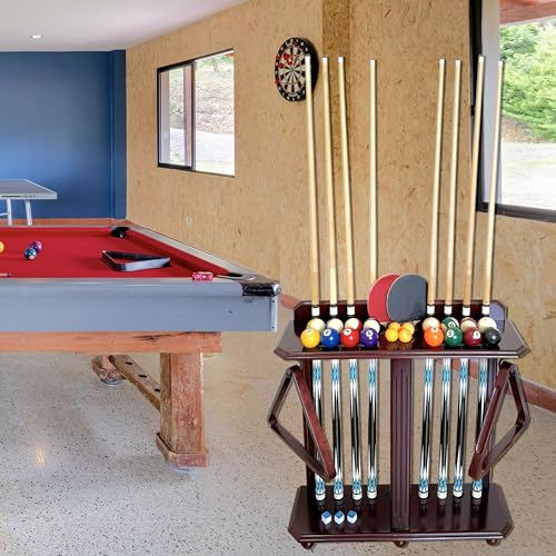 Wooden Billiard Cue Rack Hold up to 10 Pool Cue Sticks, Pool Cue Stick Holder, Floor Stand Pool Cue Holder for Billiard Game Room (Dark Mahogany)