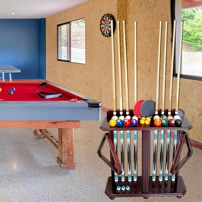 Wooden Billiard Cue Rack Hold up to 10 Pool Cue Sticks, Pool Cue Stick Holder, Floor Stand Pool Cue Holder for Billiard Game Room (Dark Mahogany)
