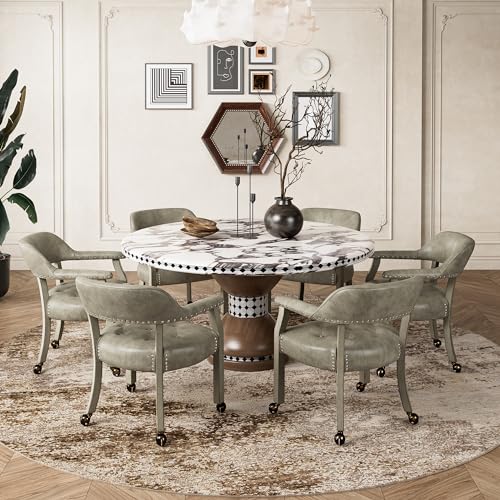 Set of 4 Dining Chair with Casters, Accent Captains Leather Chairs with Wheels & Arms,Wheeled Roller Wood Chairs for Kitchen & Game Poker Table,Antique Grey(NO Table!) - color: Antique Grey