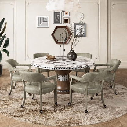 Set of 4 Dining Chair with Casters, Accent Captains Leather Chairs with Wheels & Arms,Wheeled Roller Wood Chairs for Kitchen & Game Poker Table,Antique Grey(NO Table!) - color: Antique Grey