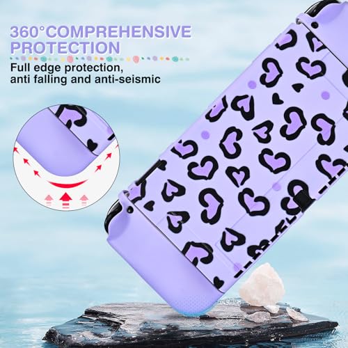 DLseego Love Leopard Carrying Case for Switch OLED 2021 Accessories Set, Portable Carrying Case with 1 Soft TPU Shell & 1PCS Plush Pendant & 12 Slots & 4PCS Cat Paw Thumb Grips Caps - Purple - color: Purple