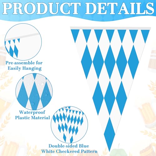100 FT Oktoberfest Party Decorations, 3 Pack Pre-assemble Pennant Banner Flags, Plastic Blue and White Checkered Hanging Oktoberfest Decor German Bavarian Beer Festival Indoor Outdoor Party Supplies - style: Oktoberfest