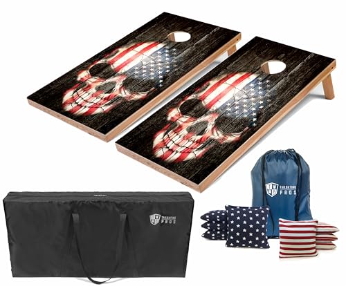 Tailgating Pros Cornhole Boards - 4'x2' Lightweight Regulation Flag & Patriotic Outdoor Themed Cornhole Game w/Carrying Case & Set of 8 Corn Hole Bean Bags w/Tote - color: American Skull