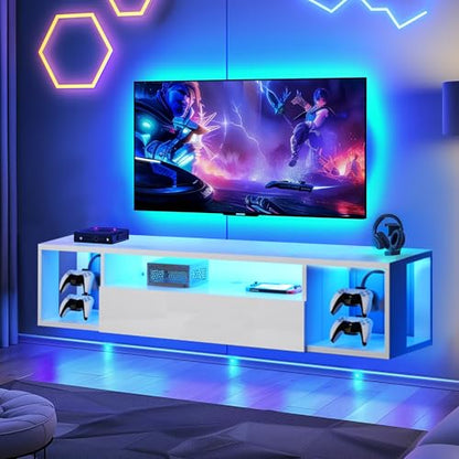 55" White TV Gaming Console with LED Lights 4 Controller Hooks 2 Headphone Hooks, Hidden Storage Cabinet, 30KG Top Load Capacity