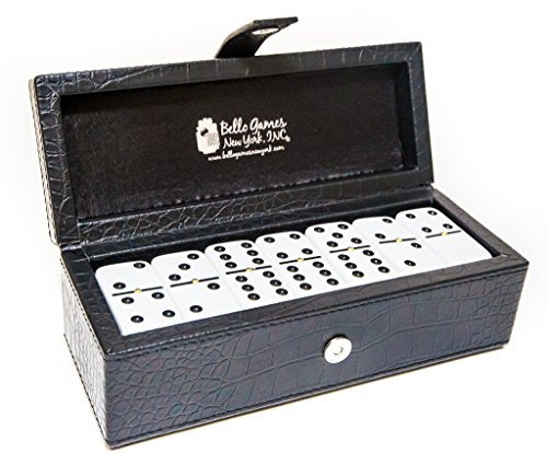 Bello Games New York, Inc. Flushing Meadows Double Six White Professional Jumbo Size Tournament Dominoes Set with Spinners in a Leatherette Black Case