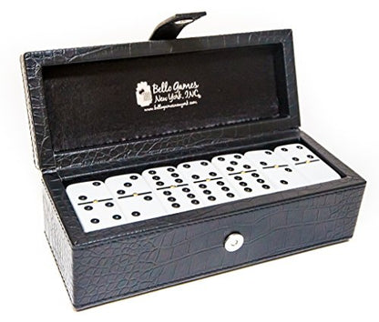 Bello Games New York, Inc. Flushing Meadows Double Six White Professional Jumbo Size Tournament Dominoes Set with Spinners in a Leatherette Black Case
