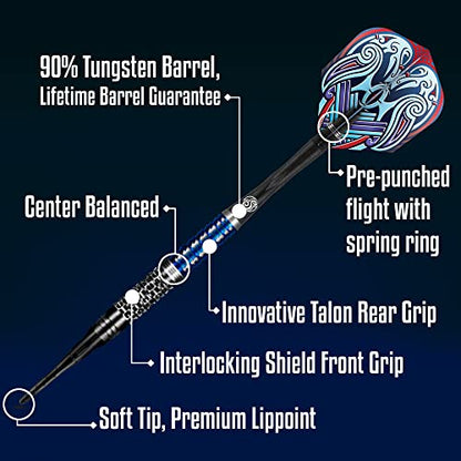 Shot Darts Soft Tip, Viking Raven (18g/20g) 90% Tungsten Barrels, Center Balanced with with Dual grip Handcrafted Professional Dart Set and Flights Made in New Zealand Plastic Tip Bar Darts for Adults