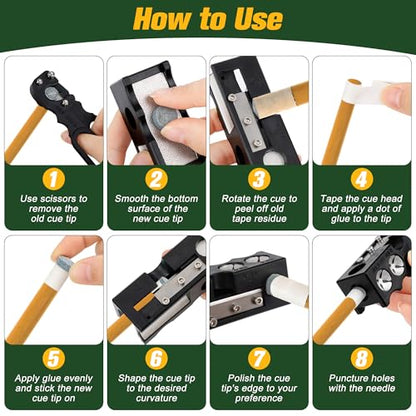 Billiards Pool cue Tips Replacement kit, Professional Pool Cue Tip Repair Kit, Portable Cue Stick Tool for Shaping and Replacing Tips, Complete Billiards Accessories