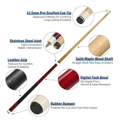 Pool Cue Sticks 4-Pack, 58 Inch Billiard Cues for Home & Bar Play, Solid Maple Wood Pool Sticks with 12.5mm Multi-Layer Leather Tip, Leather Grip, Digital Printed Butt (20oz Each)