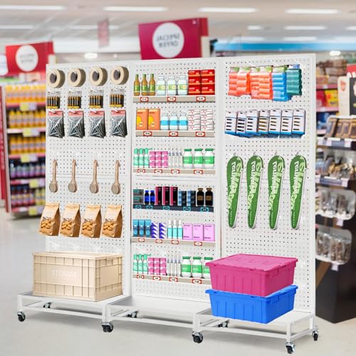 Eastern Tree Metal Pegboard Display Stand 2'x 5'with Base Plate, Pegboard Panels Display with Wheels, Peg Board Display Rack, Standing Pegboard Display with 30 Hooks - White - color: White