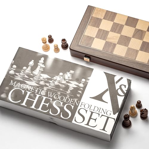 A&A 15" Magnetic Wooden Chess Set, Handmade 3" King Height Unique Chess Pieces with 2 Extra Queens, Tournament Portable Travel Chess Game Set for Adults Kids