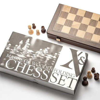 A&A 15" Magnetic Wooden Chess Set, Handmade 3" King Height Unique Chess Pieces with 2 Extra Queens, Tournament Portable Travel Chess Game Set for Adults Kids