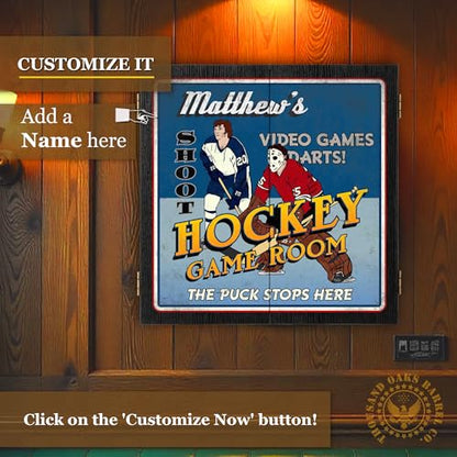 Personalized Dart Board Cabinet Set with 6 Steel Tip Darts, Paper Dartboard, Chalk & Eraser (21.5 x 21.5 x 2.75) - Man Cave Dart Boards for Adults - style: Hockey