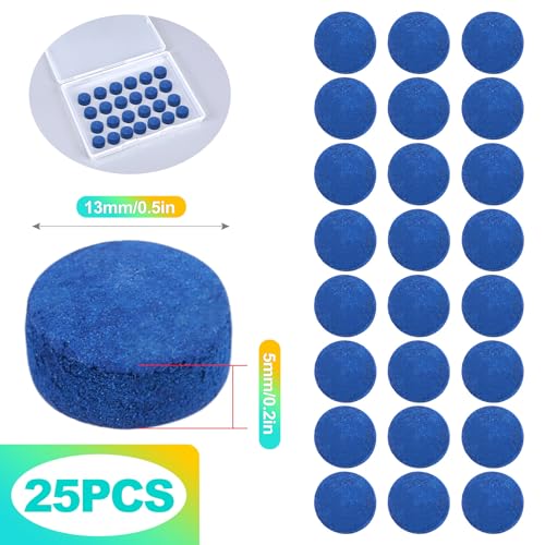 25 Pack 13mm Pool Cue Tips - Premium Hard Leather Replacement Kit for Pool, Snooker & Billiards, Includes Storage Box - Precision Performance & Repair Kit for Tacos de Billar, Blue