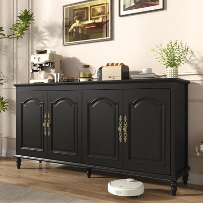 Hlivelood 65" Buffet Cabinet with Storage, Mid Century Modern Sideboard with Adjustable Shelves, Paint Cabinet, Wood Carving Design, Brass Carved Handles & Solid Wood Gourd Legs, Classic Black - color: Classic Black