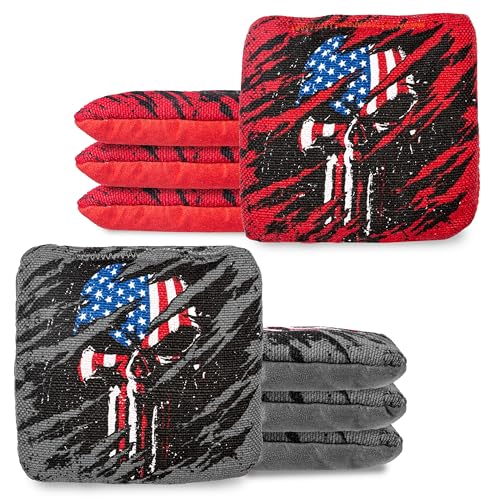 Play Platoon Pro Cornhole Bags Set of 8 - Professional Dual Sided Slick and Sticky Side Competition Corn Hole Bags - Tournament Series - color: Skull Red / Gray