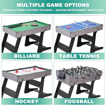 54" 4-in-1 Multi Game Table, Foldable Combo Game Table Set with Ping Pong, Hockey, Pool Billiards and Foosball for Adults, Home, Game Room, Friends & Family