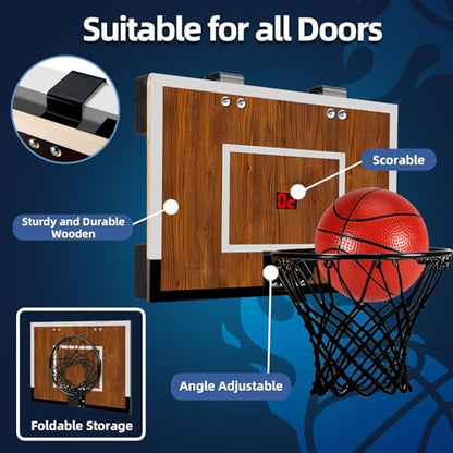 Indoor Mini Basketball Hoop Set – Over The Door with Wood Backboard & Iron Rim – Includes 2 Balls & Air Pump – Anti-Shock Padding – 16"x12"x3"