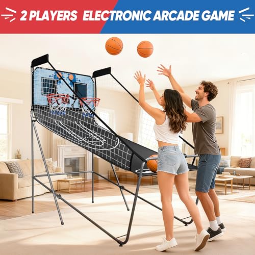 Basketball Arcade Game Shot Creator Indoor Foldable Electronic Double Shootout Sport Game Official Home Dual Shot Basketball 2 Player with 4 Balls, Black Blue - color: Black Blue