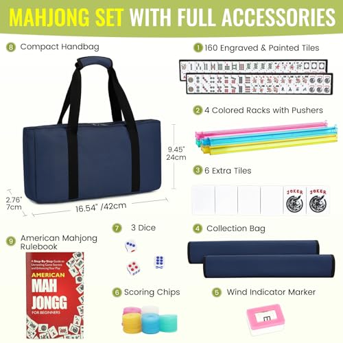 American Mahjong Tile Set,166 White Tiles Mahjong Set,4 Colors Mahjong Racks,Travel Mahjong Set with Blue Carrying Bag - style: Blue Bag--White