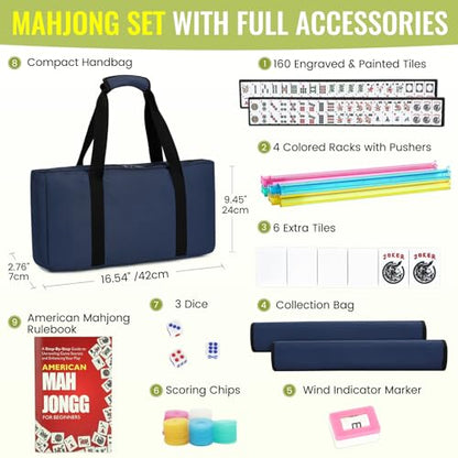 American Mahjong Tile Set,166 White Tiles Mahjong Set,4 Colors Mahjong Racks,Travel Mahjong Set with Blue Carrying Bag - style: Blue Bag--White