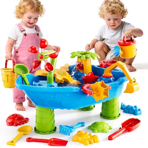 Kids Sand Water Table for Toddlers 1-3 3-5 Years, Outdoor Activity Play Set with Beach Toys, Shovels & Molds, Summer Outdoor Beach Outside Backgard Sensory Toys for Kids Boys Girls 1.5+ Years - style: 8905
