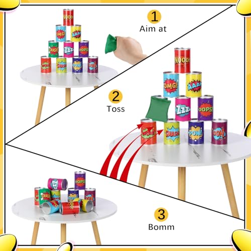 13 Pcs of Bean Bag Toss Game Carnival Knockdown Can Throwing Game Sets 10 Tin Cans with Letter or Number Pattern and 3 Bean Bag for Kids Holiday Easter Party Outdoor Lawn Yard Activity - style: Comic Style