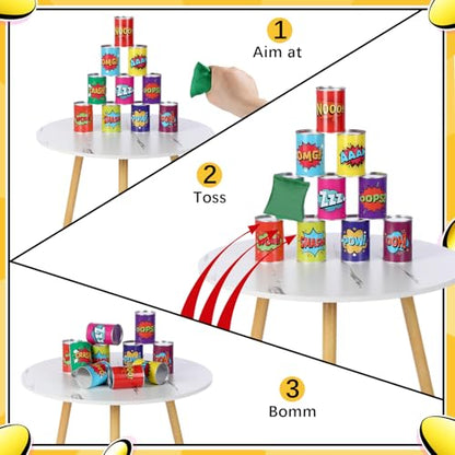 13 Pcs of Bean Bag Toss Game Carnival Knockdown Can Throwing Game Sets 10 Tin Cans with Letter or Number Pattern and 3 Bean Bag for Kids Holiday Easter Party Outdoor Lawn Yard Activity - style: Comic Style