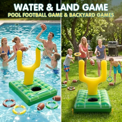 Inflatable Football Pool Ring Toss Game - 3-in-1 Floating Football Target for Swimming Pool, Backyard & Beach - Heavy Duty PVC Pool Toys for Kids and Adults Summer Party Games