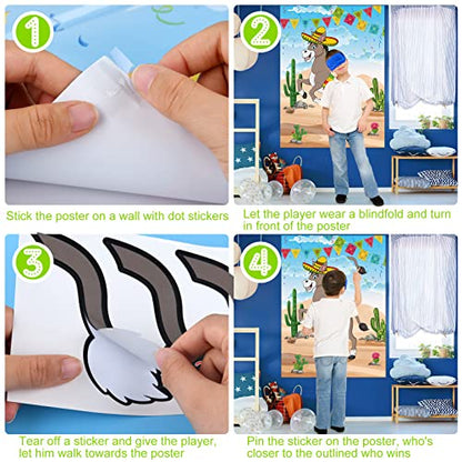 PLULON Pin The Tail on The Donkey Birthday Games for Kids Mexican Donkey Game Poster with Tail Stickers Donkey Party Favors Carnival Birthday Fiesta Home Wall Decor Classroom Family Activities - style: Mexican Donkey