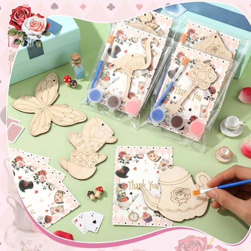 Saypacck 24 Pcs Wonderland Party Favors Wooden Painting Craft Kits Birthday Party Supplies with Organza Bag for Goodie Bags Fillers Adult Thank You Gifts - style: Wonderland