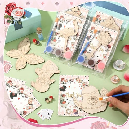 Saypacck 24 Pcs Wonderland Party Favors Wooden Painting Craft Kits Birthday Party Supplies with Organza Bag for Goodie Bags Fillers Adult Thank You Gifts - style: Wonderland