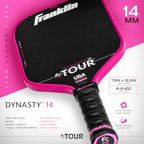 Franklin Sports Pro Pickleball Paddle Set - FS Tour Series Carbon Fiber Paddle, Cover + Eraser - 14mm + 16mm - color: Pink, size: Dynasty - 14mm
