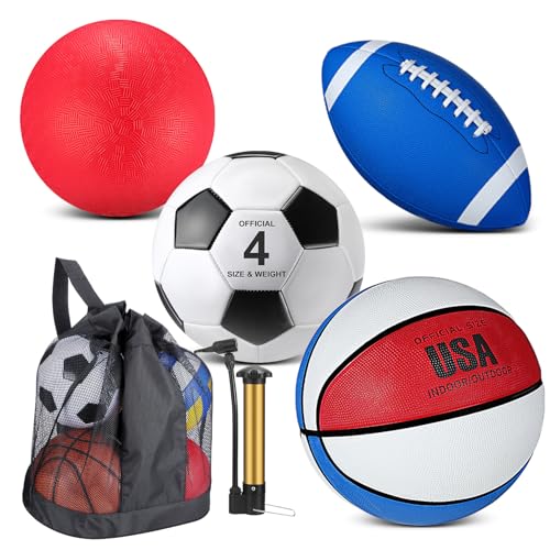 Deekin 4 Pcs Sport Balls Set for Kids Teens, Include Official Size Basketball Soccer Football Playground Ball and Pump Sports Equipment Bag Sports Gift(Bright Color) - color: Bright Color