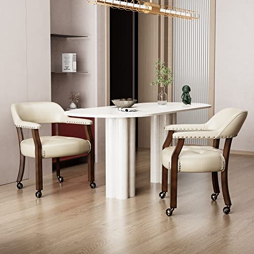 Set of 4 Dining Leather Chairs with Casters & Arms, Accent Captain Chair with Wheels, Roller Wood Wheeled Chairs for Kitchen & Game Poker Table,Espresso&Beige 1910BG(NO Table!) - color: Espresso&beige