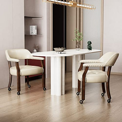 Set of 4 Dining Leather Chairs with Casters & Arms, Accent Captain Chair with Wheels, Roller Wood Wheeled Chairs for Kitchen & Game Poker Table,Espresso&Beige 1910BG(NO Table!) - color: Espresso&beige