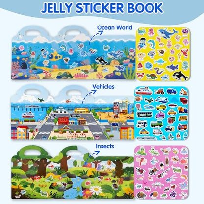 6 Sets Reusable Sticker Book for Kids, Puffy Jelly Stickers for Toddlers, Travel Essentials Craft Activities Toys for Boys Girls Birthday Gifts - color: 6 Sets - Animals/Vehicles/Insects/Ocean/Profession/Fruits & Vegetables