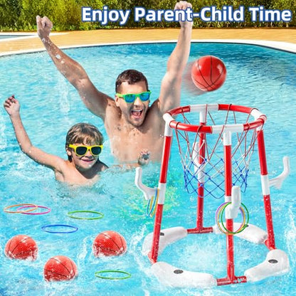 JUKUDAHU Swimming Pool Basketball Hoop Toy for Kids 2 3 4 5 6 Years Old - Floating Pool Basketball Game Toys with 4 Balls Air-Pump, Outdoor Play, Poolside Summer Water for Boys Girls Age 4-8-12 (Red) - color: Red
