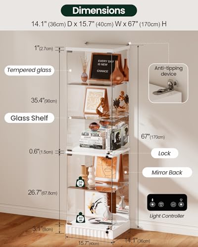 Lvifur Curio Display Cabinet - with Glass Door,5-Tier Glass Display Case with RGB Motion Sensor Light, Lockable Figure Display Case with Removable Glass Shelf for Collectibles,White - color: White-rgb Light