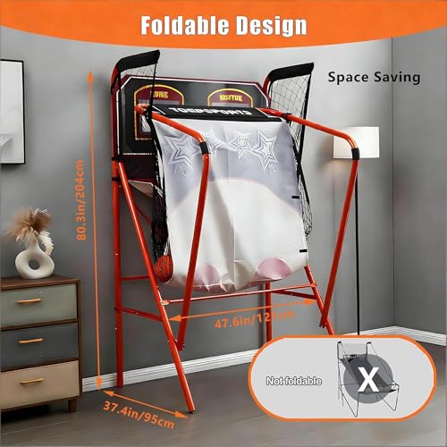 Double Hoop Arcade Game Machine, Electronic Basketball Machine, Basketball Shooting Machine, Foldable Indoor Model, LED Scoring, Steel Frame Material, Includes Air Pump, 8 Modes