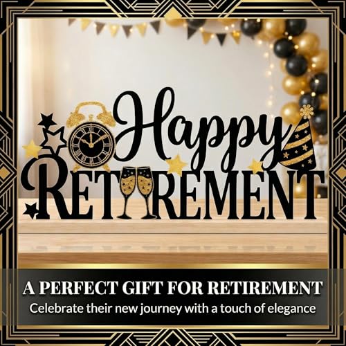Happy Retirement Party Table Decorations Black and Gold Metal Table Sign with Wooden Base Happy Retirement Gift for Women Men Coworker Tabletop Centerpieces for Home Mantel Shelf Desk - style: Happy Retirement
