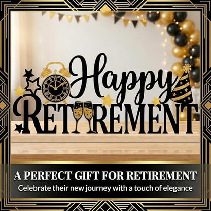 Happy Retirement Party Table Decorations Black and Gold Metal Table Sign with Wooden Base Happy Retirement Gift for Women Men Coworker Tabletop Centerpieces for Home Mantel Shelf Desk - style: Happy Retirement
