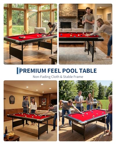 6,7 Foot Foldable Pool Table, Portable Billiards Table with Full Accessories Set, No Assembly, Metal k-Shaped Legs, Includes 16 Balls, 2 Cue Sticks, Chalk, Rack & Brush, Game Room Table for Home, Apar - size: Red-7FT