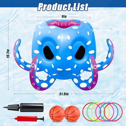 Octopus Pool Toys for Kids Ages 4-8, 2-in-1 Inflatable Float Water Games Toys with Basketball Hoop & Ring Toss, Outdoor Backyard Beach Swim Play, Cool Summer Family Party Supplies Gift Boys Girls - style: Octopus 2 in 1 Games