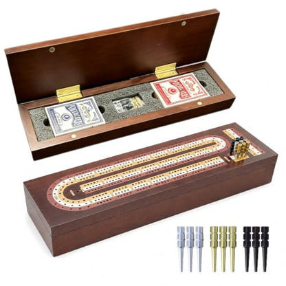 Cribbage Board Game Set, Premium Wooden Board with Magnetic Lock and Built-in Storage, 2 Playing Cards & 9 Metal Pegs, 3 Track Board for 2–3 Player, Travel Portable Game for Adults and Family - size: Classic