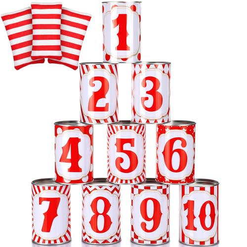 13 Pcs Carnival Can Game Bean Bag Toss Carnival Games with 10 Tin Cans and 3 Bean Bag for Easter Outdoor Family Party Birthday Indoors Outdoors Activities - style: Classic Style