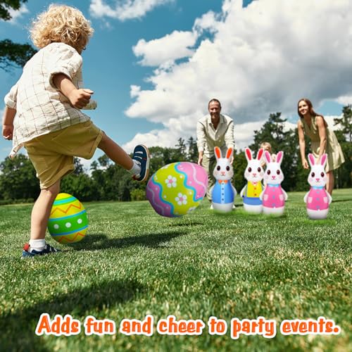 Shappy 12 Pcs 28 Inch Giant Inflatable Easter Bunny Bowling Set with Egg, Inflatable Easter Game for Kids Adults Family, 10 Pins and 2 Balls for Party Toys Indoor Outdoor Holiday Activities