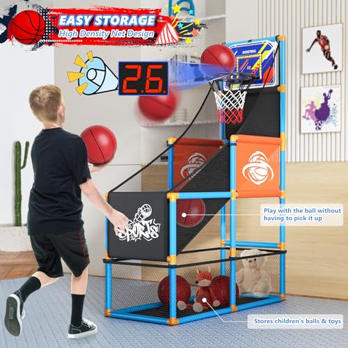 Handwell Arcade Basketball Game Set with Electronic Scoreboard&LED Light: Carnival Games Boy Toys Basketball Hoop Indoor Outdoor with 4 Balls & Air Pump Ideal Sports Toy Gifts for Kids 3-12 Years Old - style: Blue Scoring Basketball Hoop