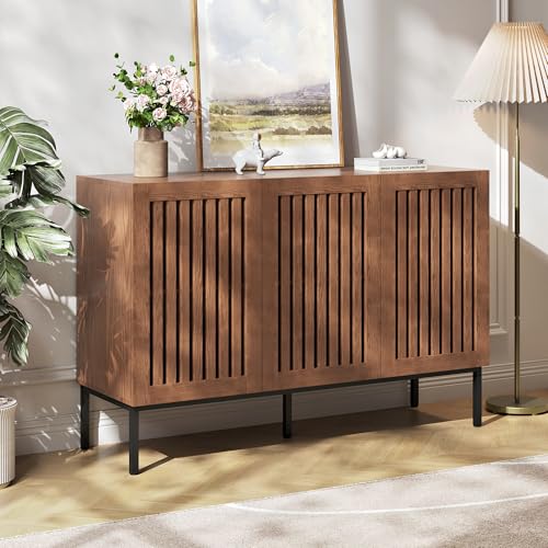 BVIUNTWO Modern Storage Cabinet with Slatted Doors,Sideboard Buffet Cabinet with Adjustable Shelf and Metal Legs for Kitchen,Dining Room,Living Room,47 Inch, Brown - size: 47 Inch